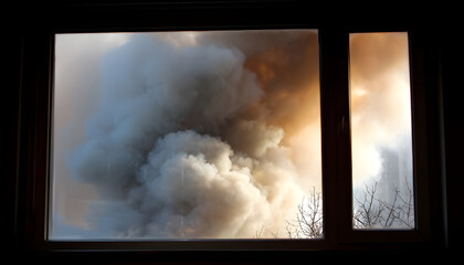 Smoke billows out of a window, possibly indicating a fire or emergency situation