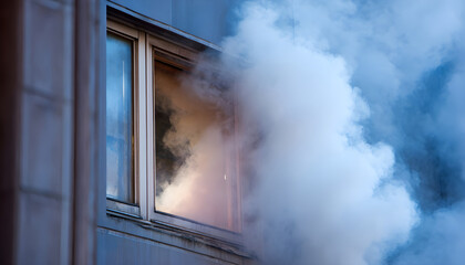 Smoke billows out of a window, possibly indicating a fire or emergency situation