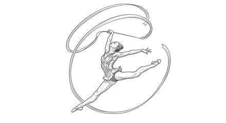 Obraz premium Detailed monochrome illustration of a rhythmic gymnast performing with a ribbon creating dynamic