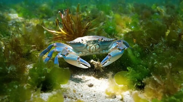 Majestic Blue Crab Foraging Among Submerged Seaweed Document a blue crab's purposeful movements as it searches for food within lush, swaying beds of green and brown seaweed under clear ocean water,?