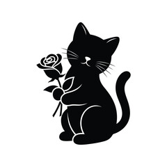 Black cat holding rose illustration cute pet animal romantic floral gift isolated on white background