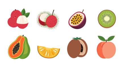 Assortment of exotic fruits lychee rambutan passion fruit kiwi and others