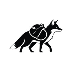 Black fox with backpack illustration adventure animal hiking gear travel icon isolated on white background