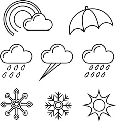Vector set of weather icons including sun, cloud, rain, snow, moon, and storm symbols for climate and forecast design illustration