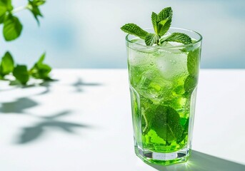 Refreshing Green Mint Cocktail in Clear Glass on White Surface