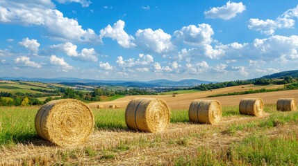 Scenic Landscape with Hay Bales Under Bright Blue Sky and Clouds
