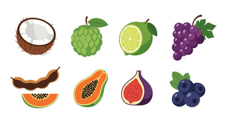 Assortment of fresh fruits coconut custard apple lime grapes and more