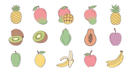 Assortment of fresh fruits colorful illustrations in modern flat style