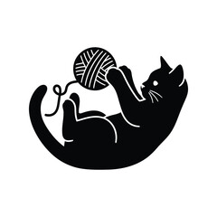 Black cat playing with yarn ball silhouette cute pet animal playful kitten isolated on white background