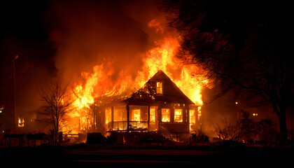 Fototapeta premium A house engulfed in flames. Suitable for illustrating fire emergencies