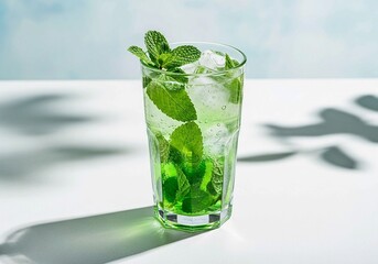 Refreshing Green Mint Cocktail in Clear Glass on White Surface