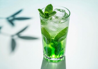 Refreshing Green Mint Cocktail in Clear Glass on White Surface