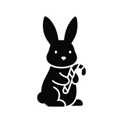 Black bunny holding candy cane silhouette cute rabbit vector illustration isolated on white background