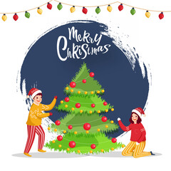 Merry Christmas Font With Cheerful Kids Character, Decorative Xmas Tree And Blue Brush Stroke Effect On White Background.