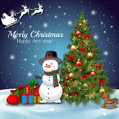 snowman with christmas tree and gifts
