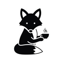 Black fox holding coffee cup silhouette cute animal illustration isolated on white background