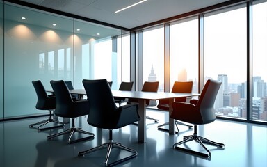 Bright modern conference room with glass walls, sleek black chairs, and large windows, symbolizing transparency, corporate collaboration, and open office design. High quality