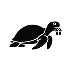 Black silhouette turtle carrying gift box cute animal surprise present isolated on white background