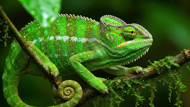 A chameleon's prehensile tail slowly coiling around a slender branch, demonstrating its grip and arboreal adaptation in a natural setting. Mid shot, observing the tail's graceful curl and uncurl,?