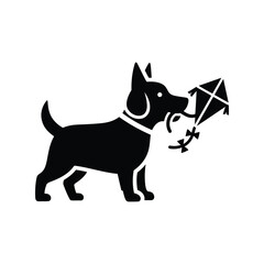 Black dog silhouette holding kite playful pet outdoor activity isolated on white background