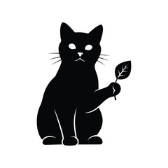 Black cat holding leaf illustration mystical pet silhouette witch familiar art isolated on white background