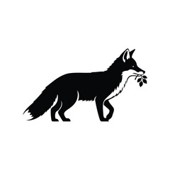 Black fox silhouette carrying branch wild animal vector nature graphic isolated on white background