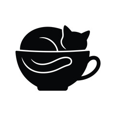Black cat sleeping in coffee cup silhouette cute pet illustration isolated on white background