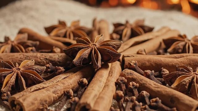 Aromatic Spices - Cinnamon, Star Anise, and Cloves Still Life.