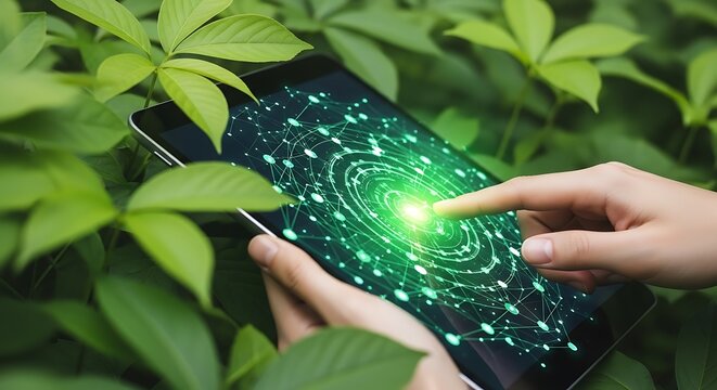 Hands using Tablet displaying green digital interface amidst lush foliage