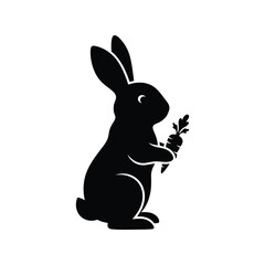 Black rabbit silhouette holding carrot cute bunny vector graphic isolated on white background