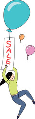 風船で空を舞う女性とセール告知イラスト