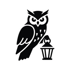 Black owl holding lantern vector illustration wisdom symbol nocturnal bird icon isolated on white background