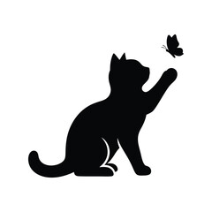 Black cat silhouette playing with butterfly playful pet insect chase cute animal isolated on white background