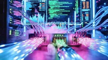 Futuristic server room with fiber optics, computer screens, glowing lights, and a foggy atmosphere - Powered by Adobe