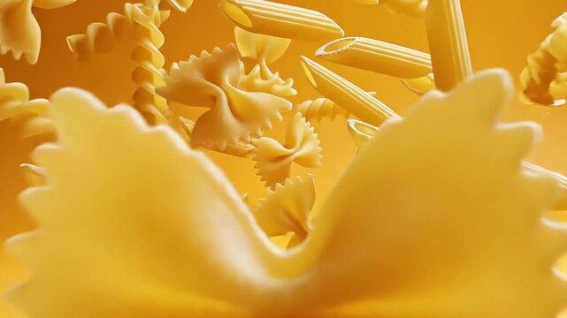 Assortment of Dry Pasta Shapes Suspended in Mid-Air Against a Vibrant Yellow Background.
