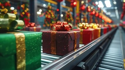 Christmas gifts moving on a conveyor belt in a factory or distribution center