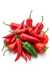 Pile of Red Hot Chili Peppers - A vibrant pile of fresh red chili peppers, with one green pepper, isolated on a white background
