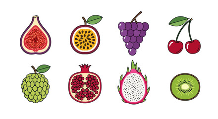 Assortment of vibrant fresh fruits in graphic design on a white background