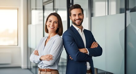 Retrato de pancarta de un líder latino o indio maduro sonriente y una mujer europea segura de sí misma de pie con los brazos cruzados en el cargo.
Dos colegas diversos, equipo de grupo de empresarios