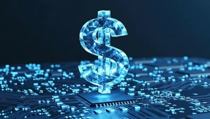 Glowing blue crystal dollar sign standing on digital circuit board background representing fintech - Powered by Adobe