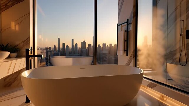 Cinematic modern luxury bathroom interior with marble walls and a freestanding bathtub overlooking a city skyline at sunset, ideal for real estate and architectural visualization backgrounds