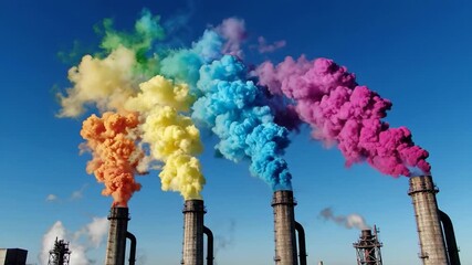 Colorful smoke billows from industrial chimneys, vibrant hues contrast against blue sky, pollution transformed into an artistic display, Earth Day awareness