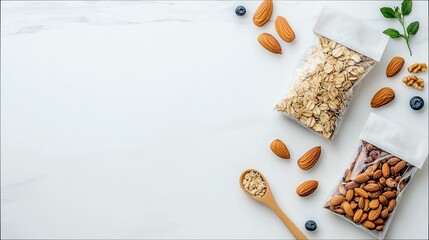 A flat lay composition featuring two bags of healthy snacks, oats and almonds, scattered with whole nuts, blueberries, and a wooden spoon on a white marble back