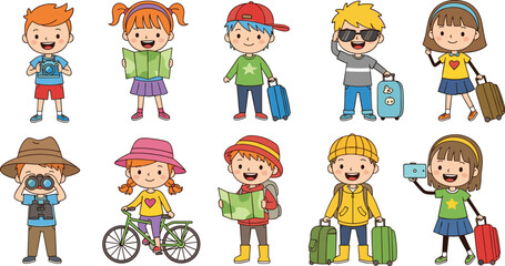 Cartoon children traveling with luggage, maps, cameras, and bicycles, perfect for tourism, adventure, education, or family vacation-themed vector illustrations