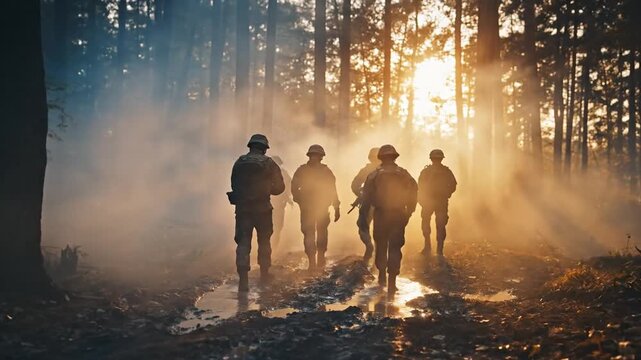 Military Troop Marching Through Forest at Sunset - Fog and Silhouette