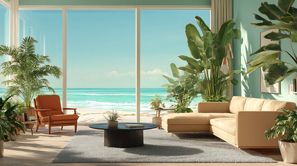 Sunny coastal living room with lush tropical plants and ocean view beach sofa