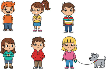 Cute cartoon kids set showing various emotions and activities like smiling, worrying, and walking a dog, ideal for educational, social skills, or children’s vector illustrations
