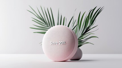 A pink smart speaker with "Save 20%" text is displayed next to a vase with green palm leaves, set against a plain background.