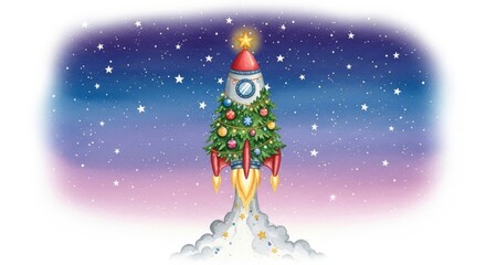 Naklejka premium Rocket Christmas Tree Launching into Space - A festive rocket Christmas tree takes flight amidst a starry sky. Symbolizing adventure, hope, joy, innovation, and celebration. White background