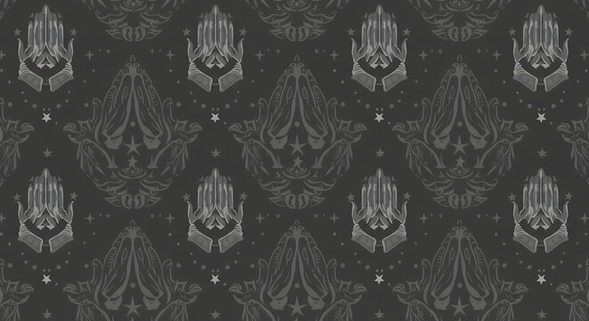 Dark Gray Pattern with Praying Hands and Stars in Artistic Style for Backgrounds - Powered by Adobe